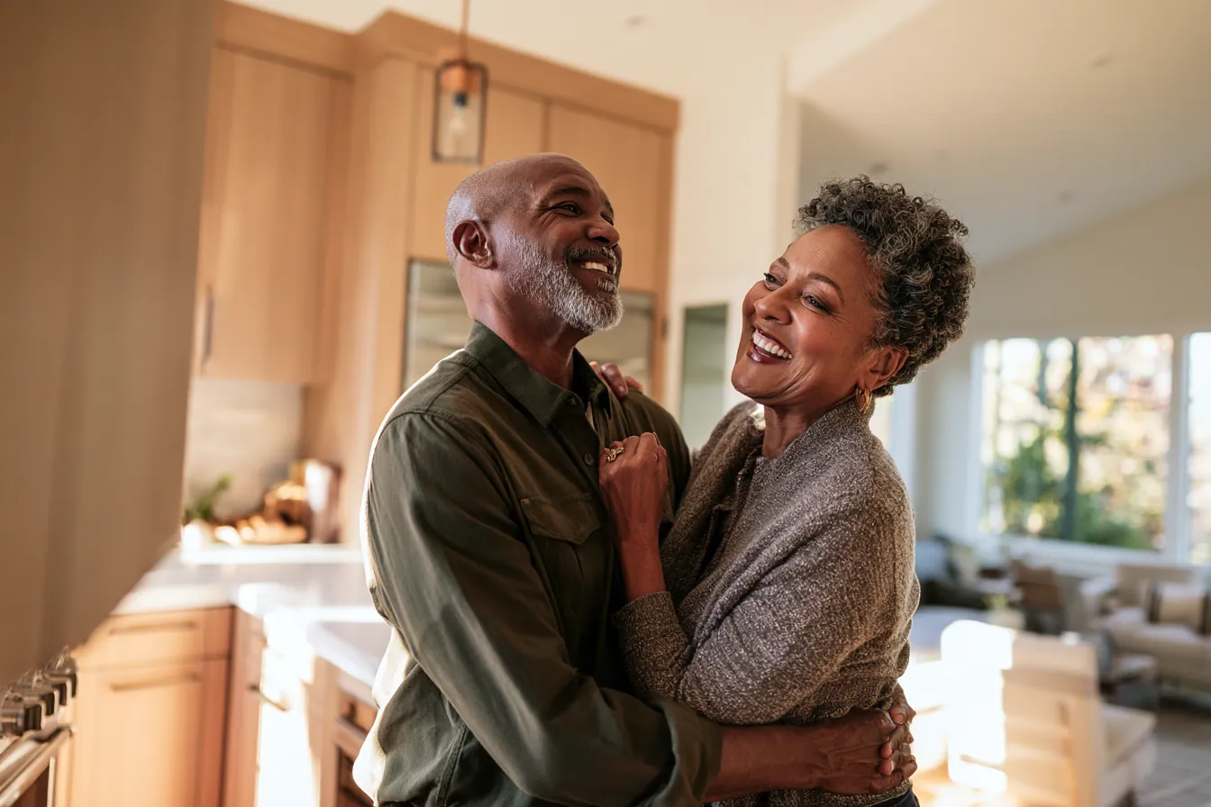 Older couple laughing together in their bright home kitchen