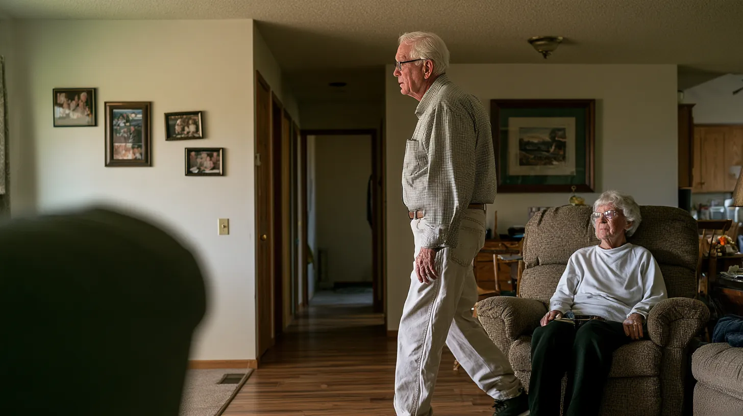 Older man walking along a well-lit hallway past his wife