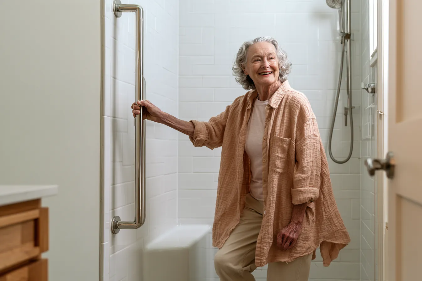Older woman holding a grab bar at a curbless walk-in shower