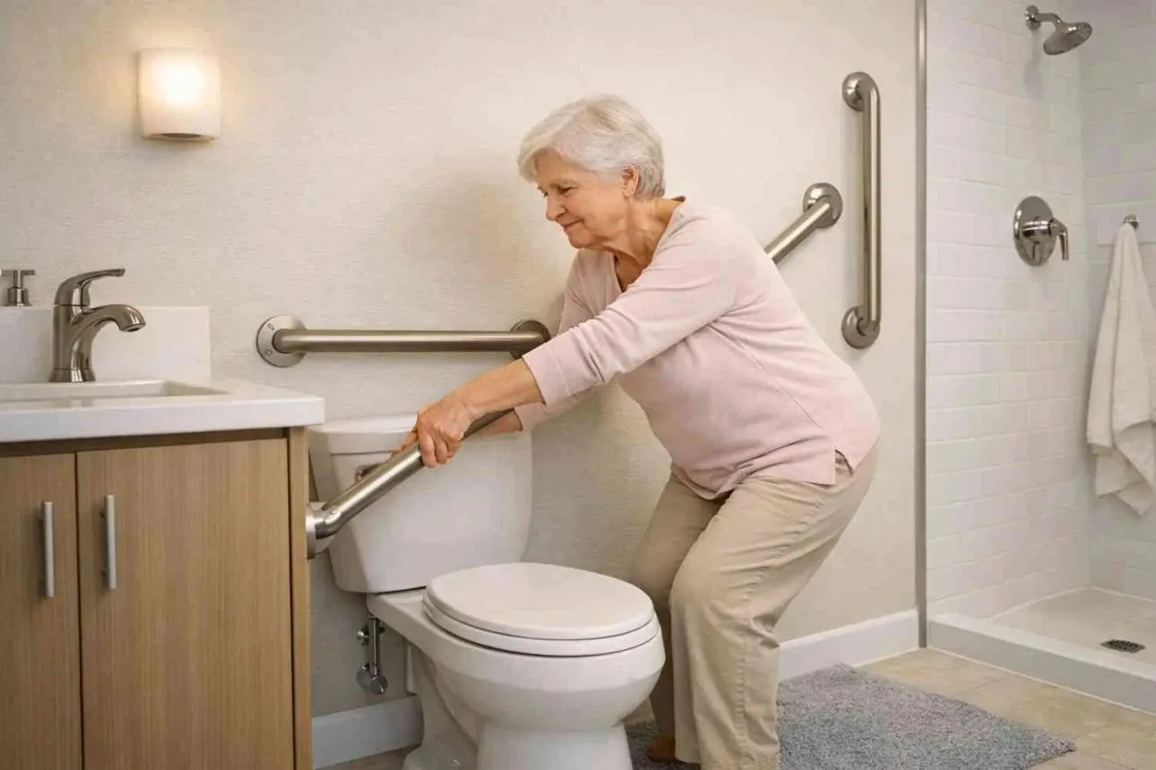 Older woman using a grab bar to rise from a comfort-height toilet