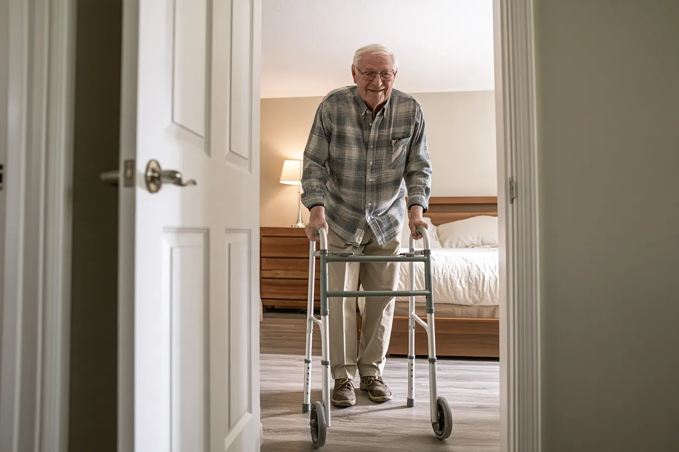 Older man with a walker passing through a wide doorway