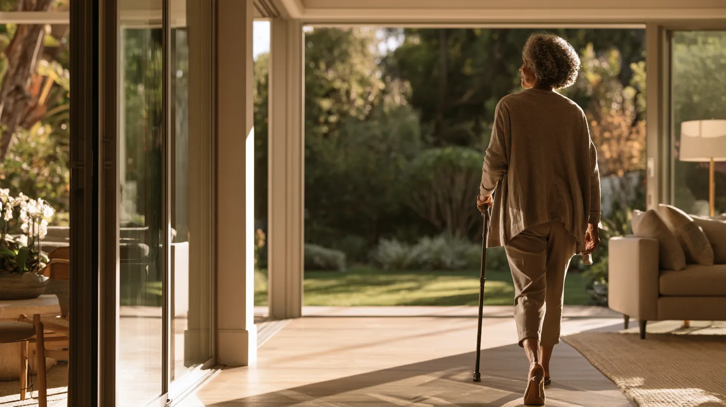 Older woman with a cane walking freely through her living room