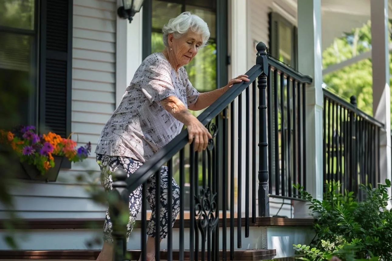 Older woman climbing porch steps holding the handrail