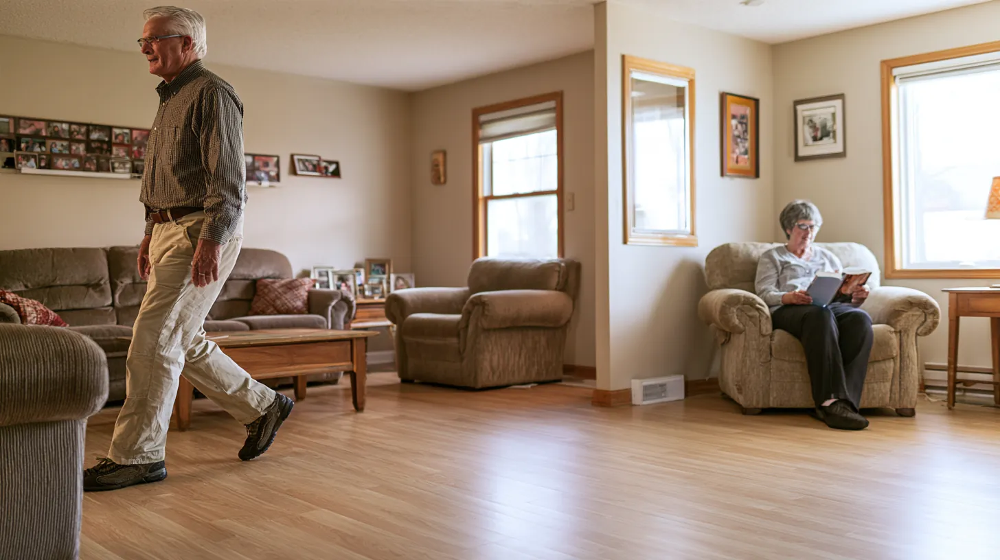Older couple at home on smooth, open floors with no rugs