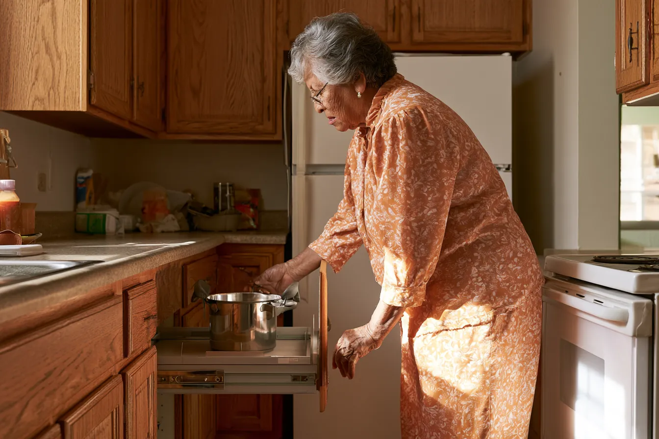Senior pulling out a lower cabinet shelf to reach cookware