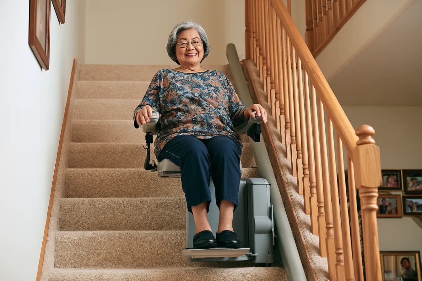 Senior riding a stair lift between floors at home