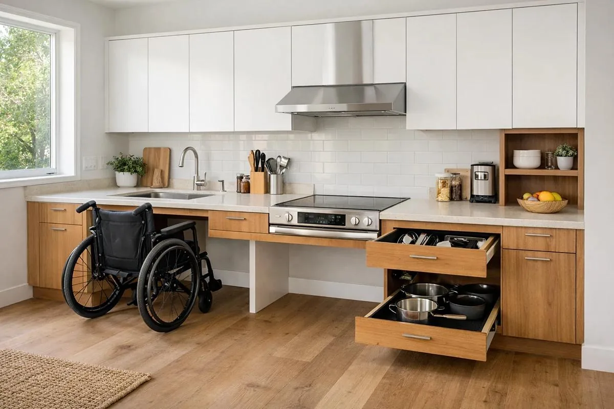 Accessible kitchen with a lowered counter and pull-out drawers for a wheelchair