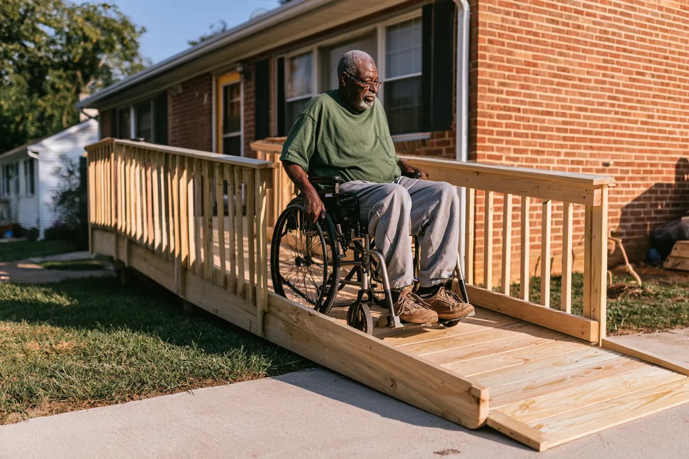 Senior in a wheelchair entering home on a ramp with railings